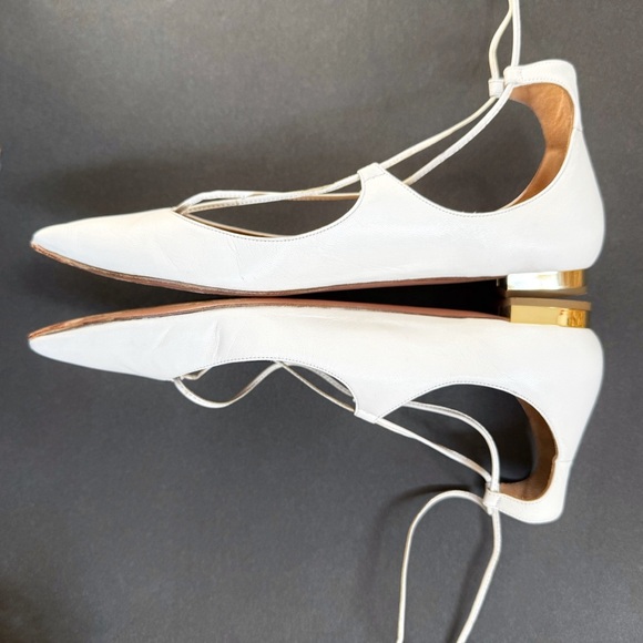 AQUAZZURA CHRISTY WHITE LEATHER LACE UP ANKLE WRAP POINTED TOE BALLET FLATS - Picture 3 of 15